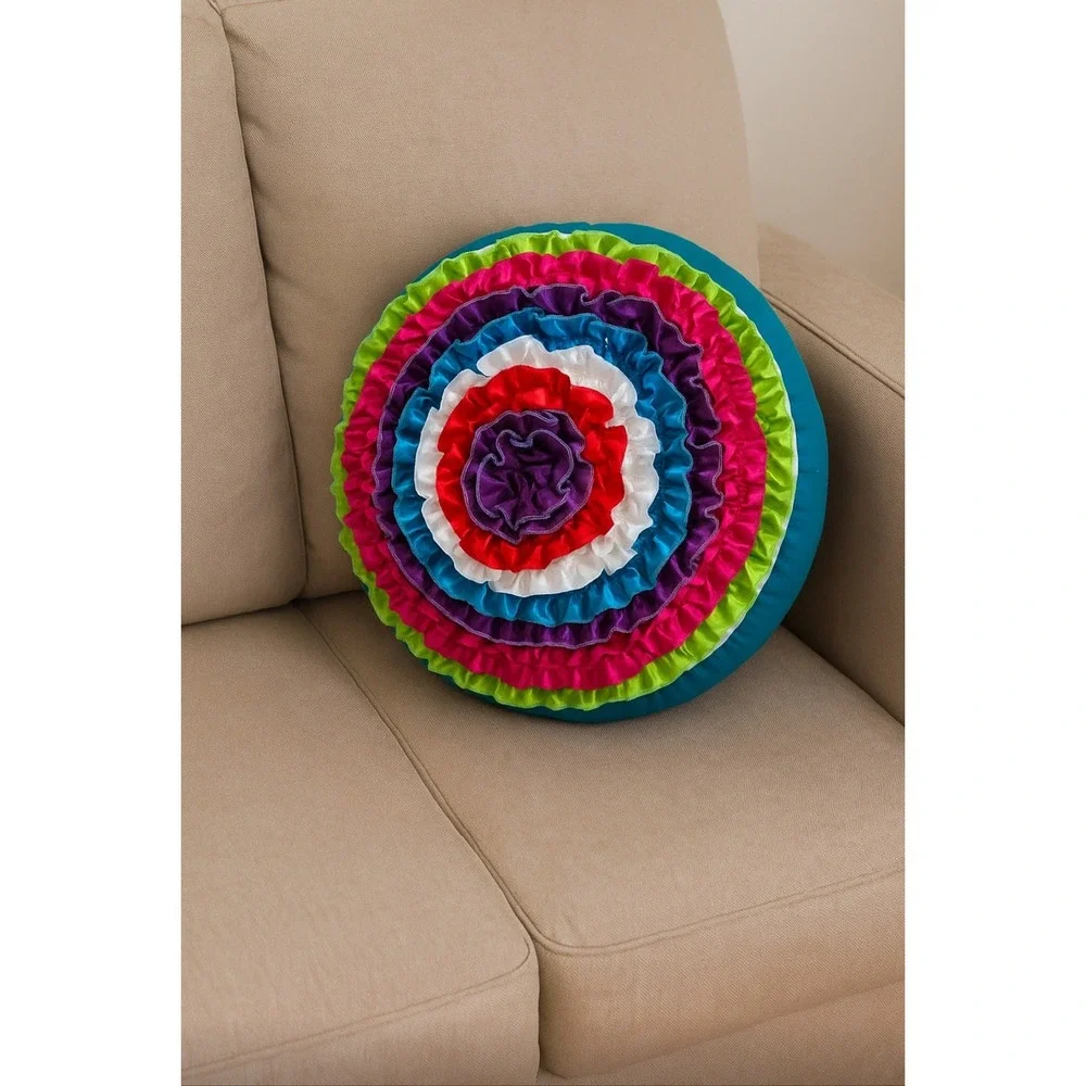 Round Ruffle Throw Pillow Teal Accent‎ Teal Multi Color Bright